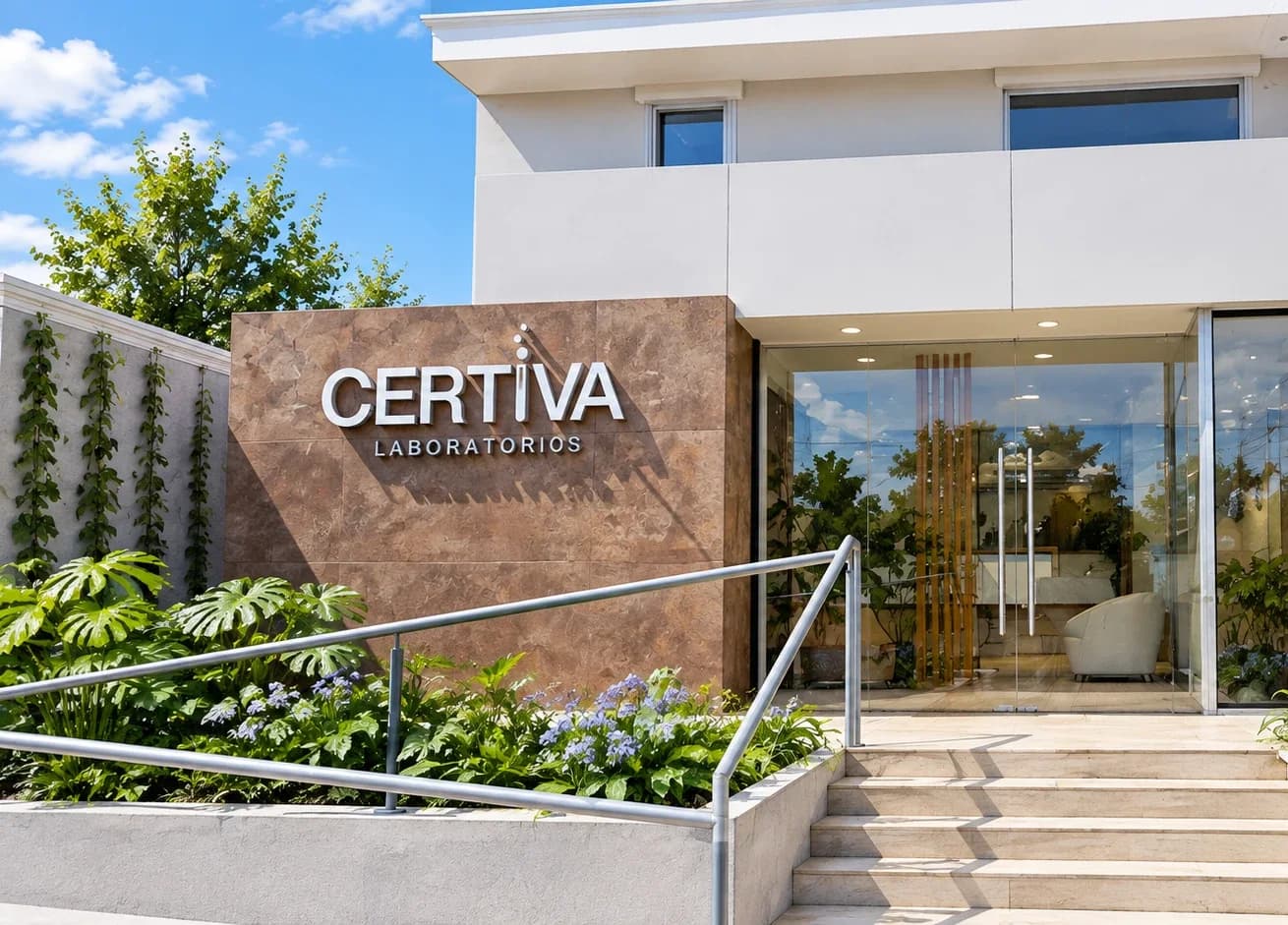 Entrada de CERTIVA en Dimas Motta 326, Asunción, con el cartel de la marca y la escalera